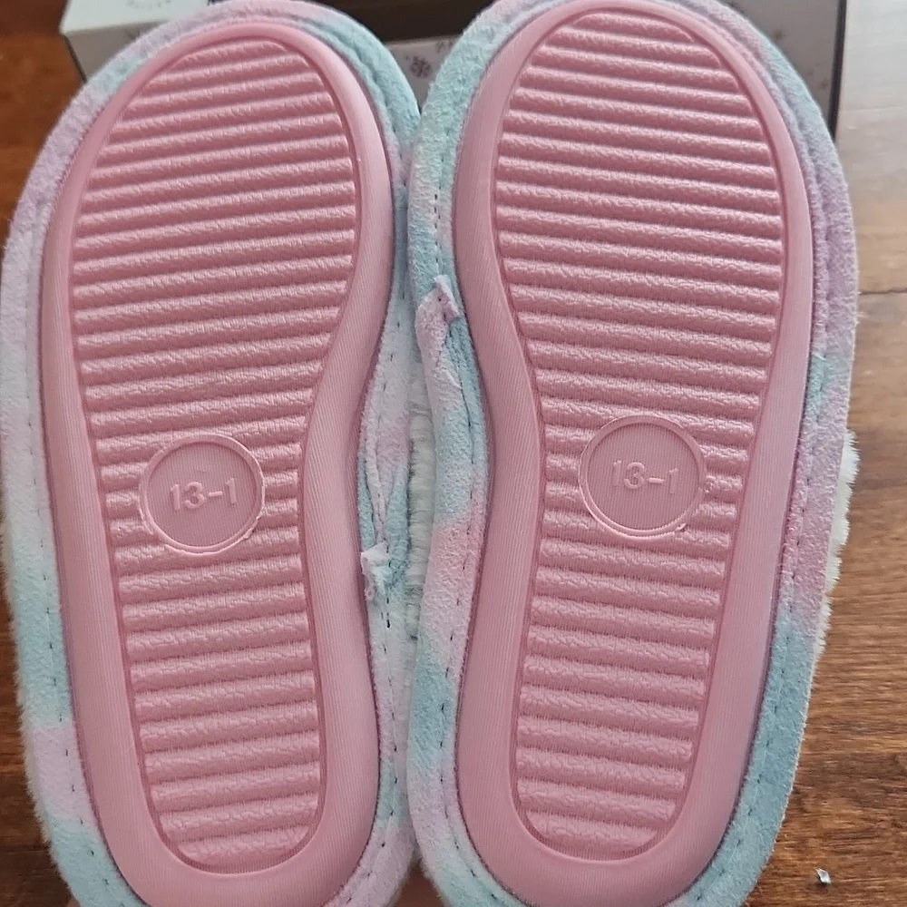 NIB Fleece Lined Kids Slippers - Pink and Blue Pastel Tie-dye Size 13-1